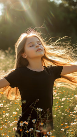 Little girl enjoying the nature with her arms outstretched in a field full of daisiesの素材