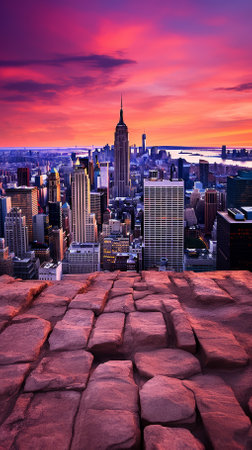 New York City skyline at sunset from the Top of the Rock observation deckの素材