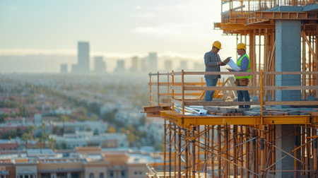 Two construction workers wearing hard hats and safety vests discuss plans while standing on a metal platform at a construction site with an urban cityscape in the backgroundの素材