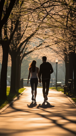A couple is walking in the park holding handsの素材