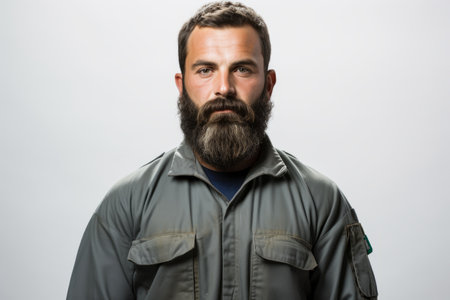 Portrait of a Bearded Man in Green Coverallsの素材