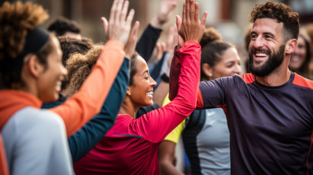 Diverse group of people celebrating a victory with a high fiveの素材