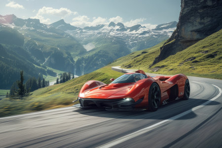Red sports car on an asphalt road in the mountainsの素材