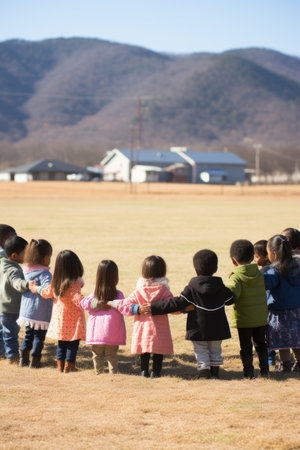 A group of children of different ethnicities are standing in a field with their arms around each otherの素材