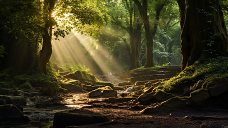 The sun shines through the forestの素材