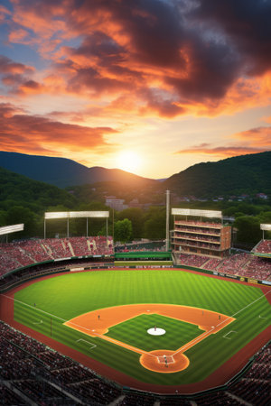 Baseball stadium with sunset and mountains in the backgroundの素材