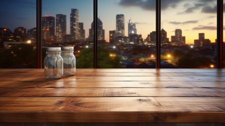 Two mason jars on a wooden table with a cityscape in the backgroundの素材