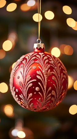 Red Christmas ball hanging on a golden thread with blurred Christmas lights in the backgroundの素材
