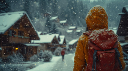 Snowy mountain village with a person in a yellow jacket and red backpackの素材