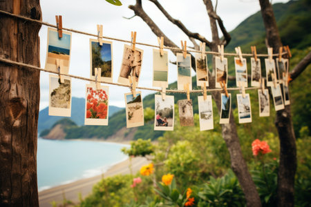 Photos hanging on a clothesline with clothespins in a natural settingの素材