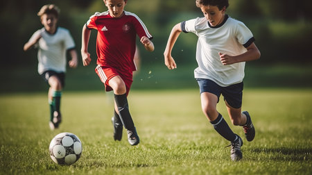 Three boys playing soccer on a fieldの素材