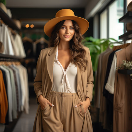 Elegant woman in a stylish outfit with a brown hat and matching pantsuitの素材