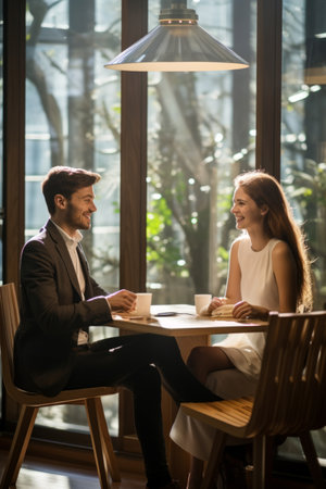 Businessman and businesswoman discussing work over coffee in a modern office spaceの素材