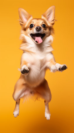 A Chihuahua jumping in mid-air with its tongue outの素材