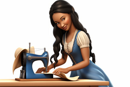 Illustration of a young woman sewing a blue fabric with a sewing machineの素材