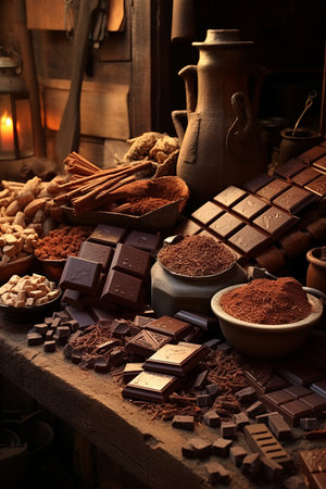 A variety of chocolate bars and cocoa powder on a wooden tableの素材