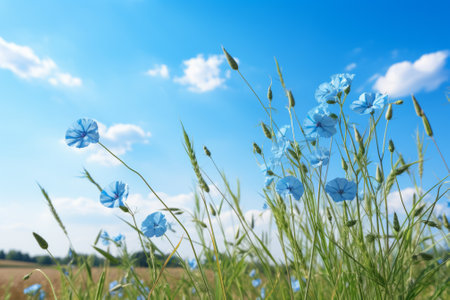 Close-up of blue cornflowers in a field on a sunny day with a blue sky and white cloudsの素材