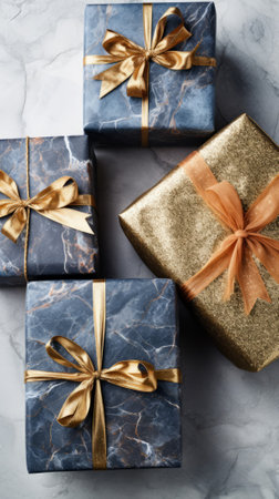 Four wrapped presents with gold ribbons on marble backgroundの素材
