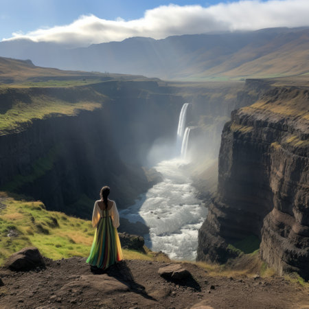 Woman in a colorful dress standing on a cliff overlooking a waterfall in Icelandの素材
