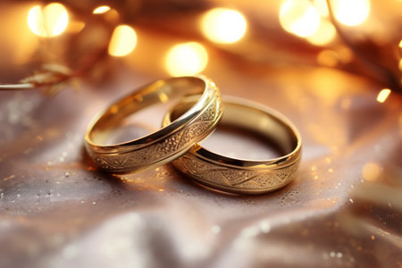 Two gold wedding rings on a pink silk background with fairy lights in the backgroundの素材