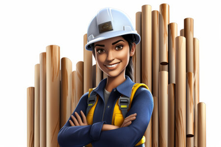 Confident female engineer wearing hardhat standing in front of stacked wooden pipesの素材