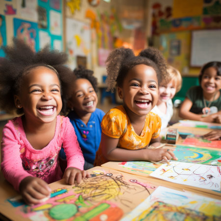 Group of preschool children sitting at a table and smilingの素材