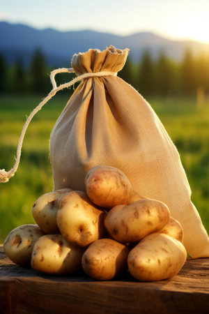 A burlap sack full of potatoes sits on a wooden table in a field.の素材
