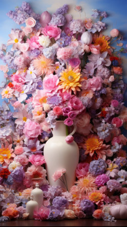 A beautiful bouquet of colorful flowers in a white vaseの素材