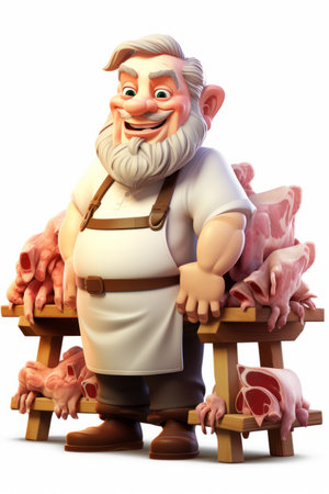 A butcher with a big smile stands behind a table full of cuts of meatの素材