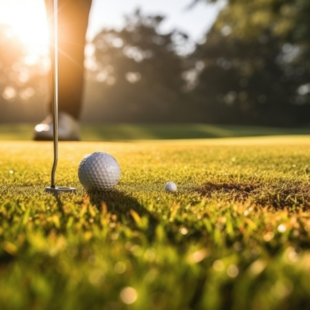Close-up of a golfer putting on a green with a beautiful sunset in the backgroundの素材