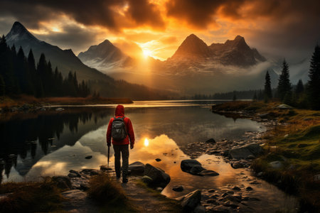 Man standing on the shore of a lake in the mountains at sunsetの素材