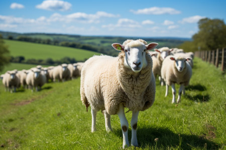 A flock of sheep grazing on a green hillの素材