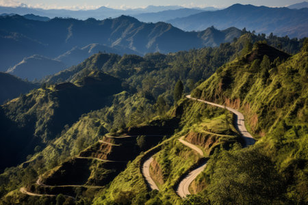 A road winds through the mountains of a tropical islandの素材