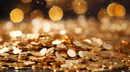 Pile of gold coins with a blurred backgroundの素材