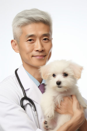 Asian male veterinarian holding a white puppyの素材