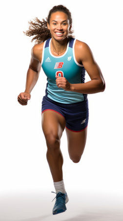 Young female runner in blue and white uniformの素材