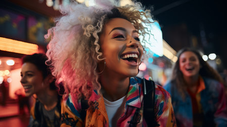A group of multiracial friends are laughing and having fun together in the city at night.の素材