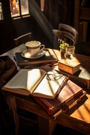 leather-bound books and a cup of tea on a wooden tableの素材