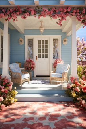A beautiful pink and blue porch with two wicker chairs and a pink patterned rugの素材