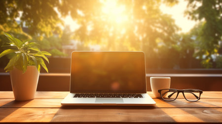 Laptop on a wooden table with a plant, coffee cup and glasses in the backgroundの素材