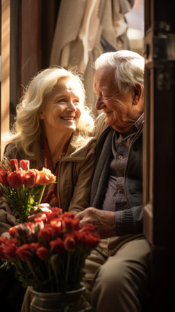 An elderly couple is sitting on a bench and smiling at each other.の素材