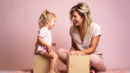 laughing blonde mother and daughter sitting on cardboard boxesの素材