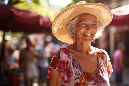Portrait of a smiling elderly woman wearing a straw hat and floral shirtの素材