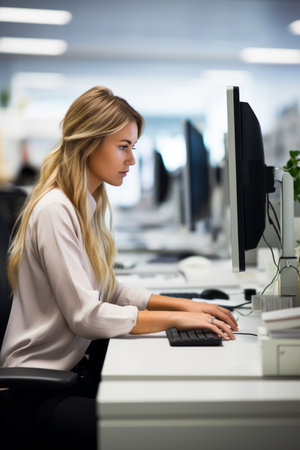 A blonde woman in a white blouse works at her computer in an officeの素材
