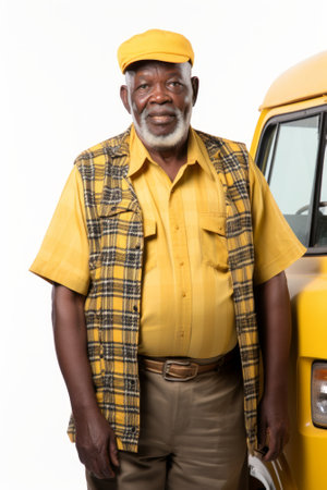 A smiling elderly African man wearing a yellow hat and yellow shirt stands in front of a yellow truck.の素材