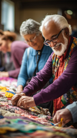 Two elderly people sewing a colorful quilt togetherの素材