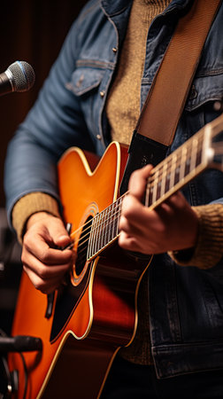 Close-up of a person playing an acoustic guitarの素材