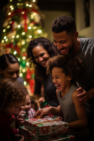 Happy African American family opening Christmas presents on Christmas morningの素材