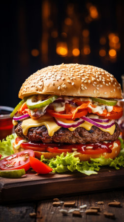 yummy juicy beef burger with melted cheese and fresh vegetablesの素材