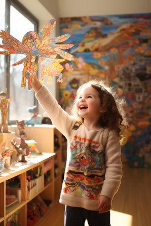 Little girl holding up a colorful paper butterflyの素材